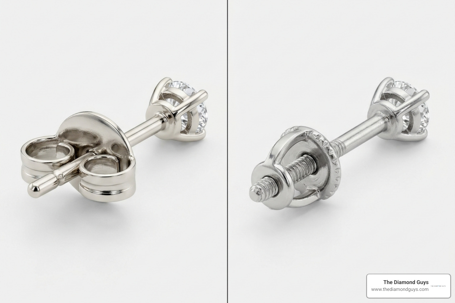 Visual comparison of white gold friction post vs platinum screw-back stud closures