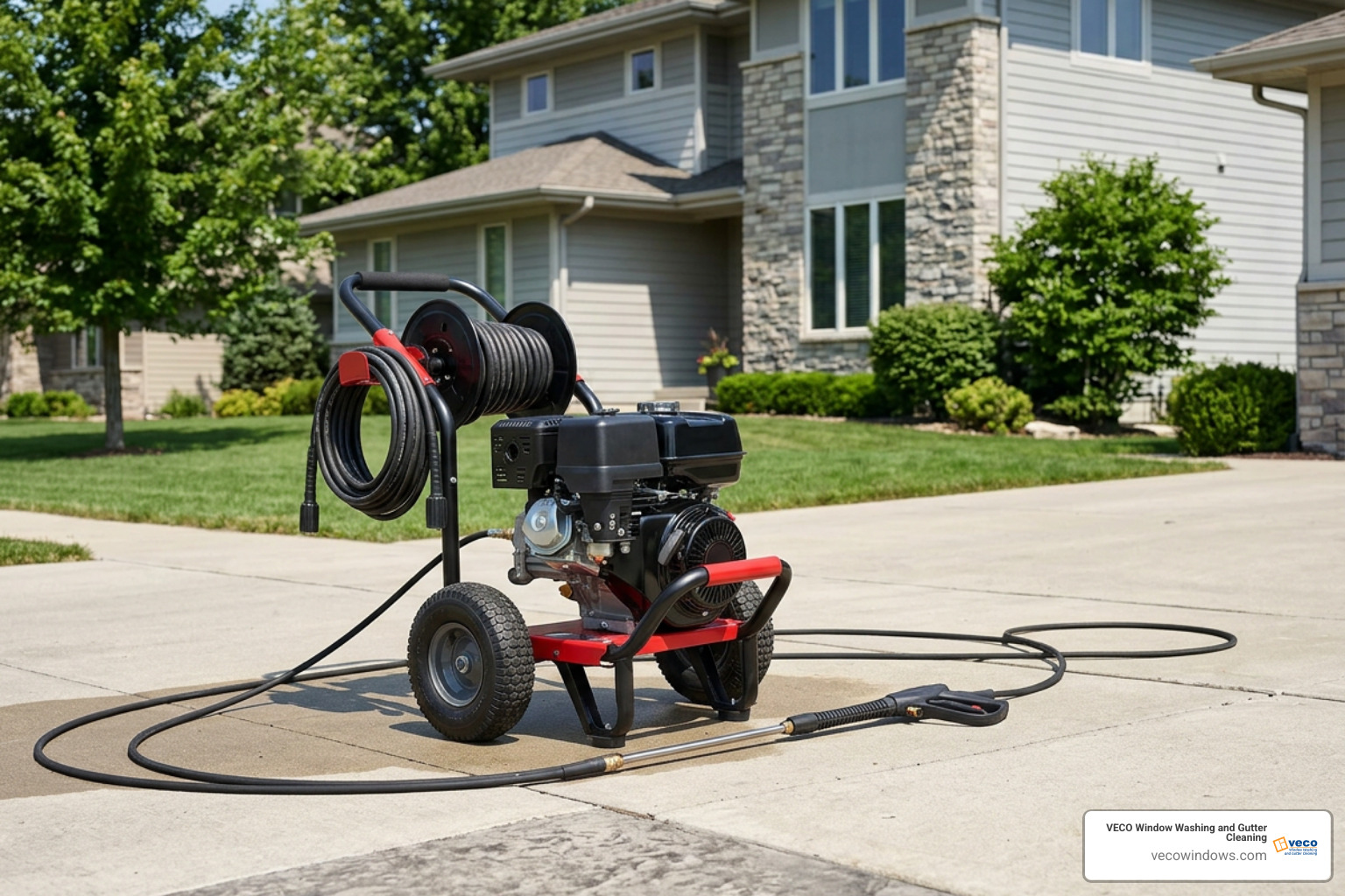 High-pressure gas power washer unit positioned on a paved driveway High-pressure gas power washer unit positioned on a paved driveway