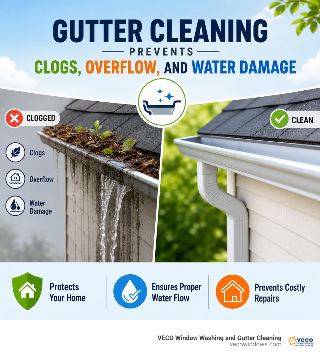 Gutter cleaning prevents clogs, overflow, and water damage infographic Gutter cleaning prevents clogs, overflow, and water damage infographic