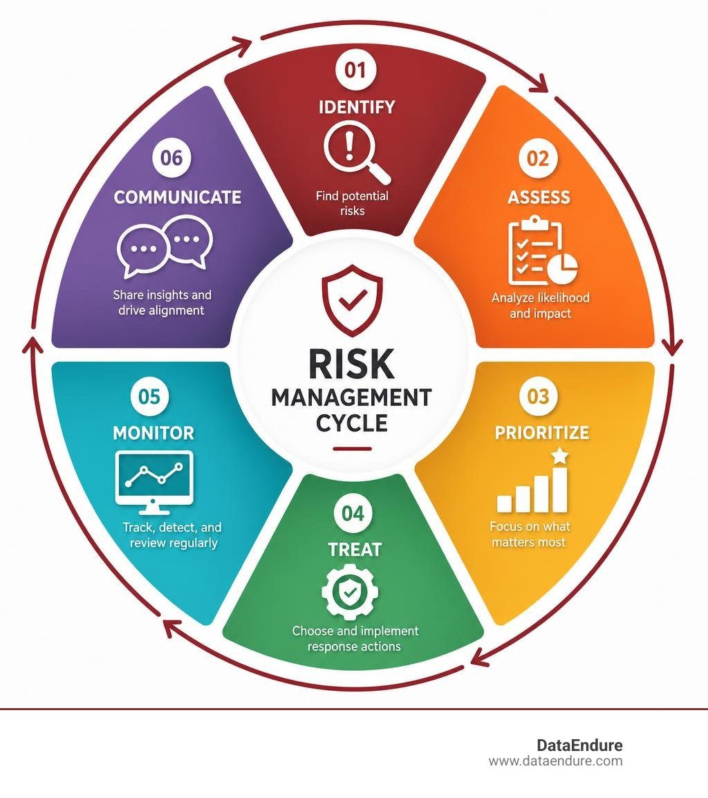 Risk management components: identify, assess, prioritize, treat, monitor, communicate infographic Risk management components: identify, assess, prioritize, treat, monitor, communicate infographic