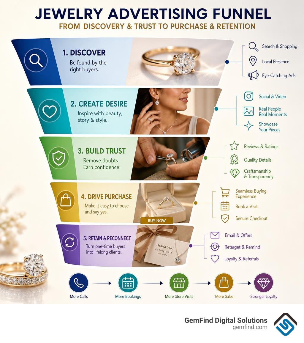 Jewelry advertising funnel from discovery and trust to purchase and retention infographic