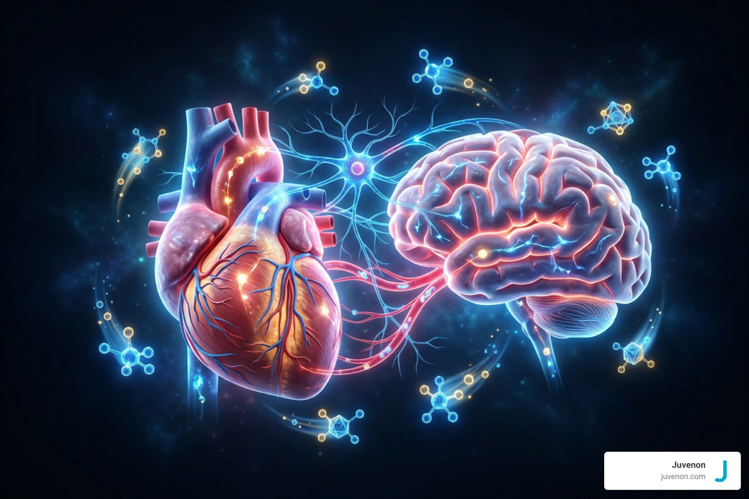 Illustration of heart and brain cellular health supported by elevated NAD+ levels Illustration of heart and brain cellular health supported by elevated NAD+ levels