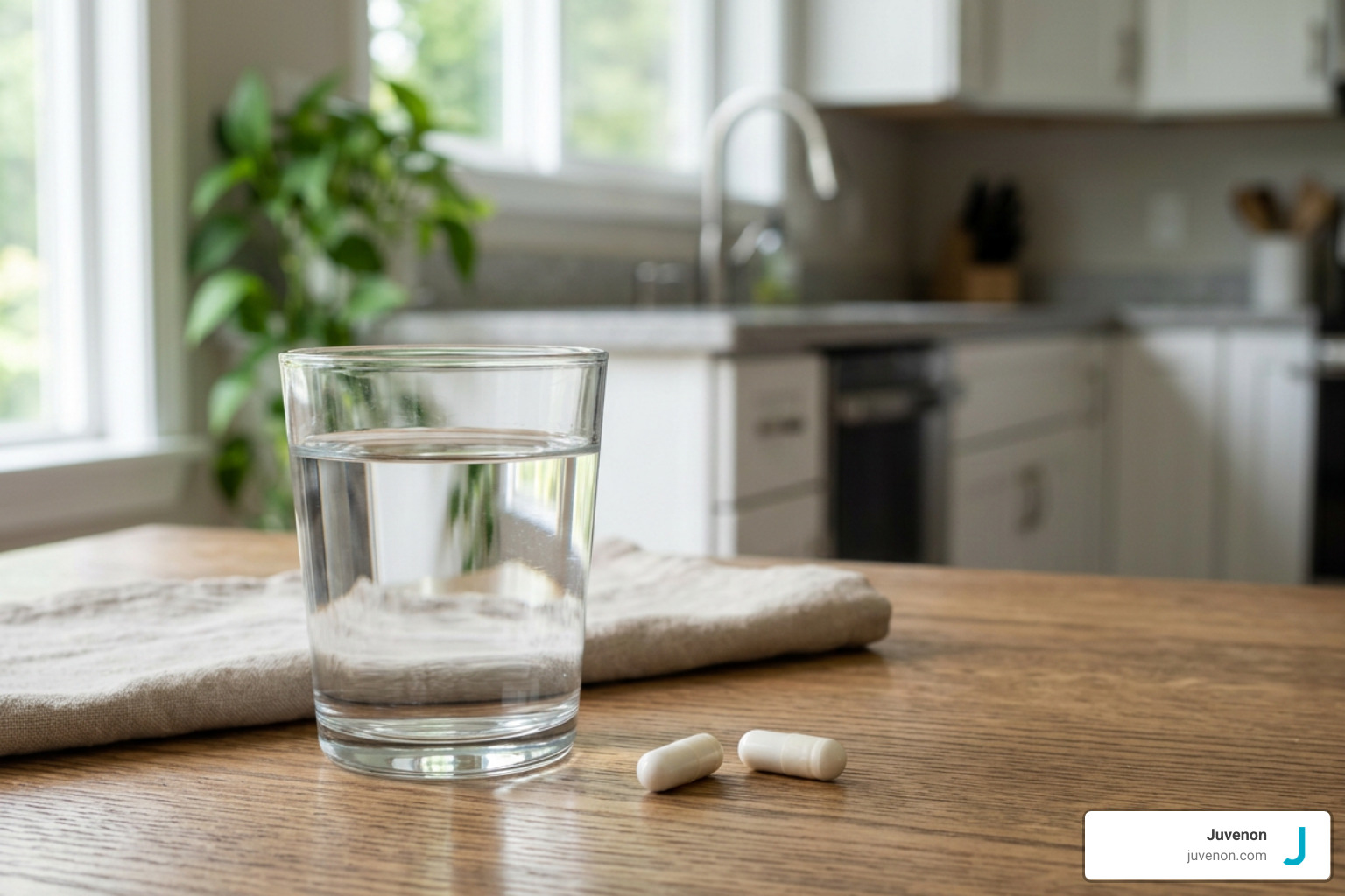Daily supplement routine showing capsules alongside a glass of water Daily supplement routine showing capsules alongside a glass of water