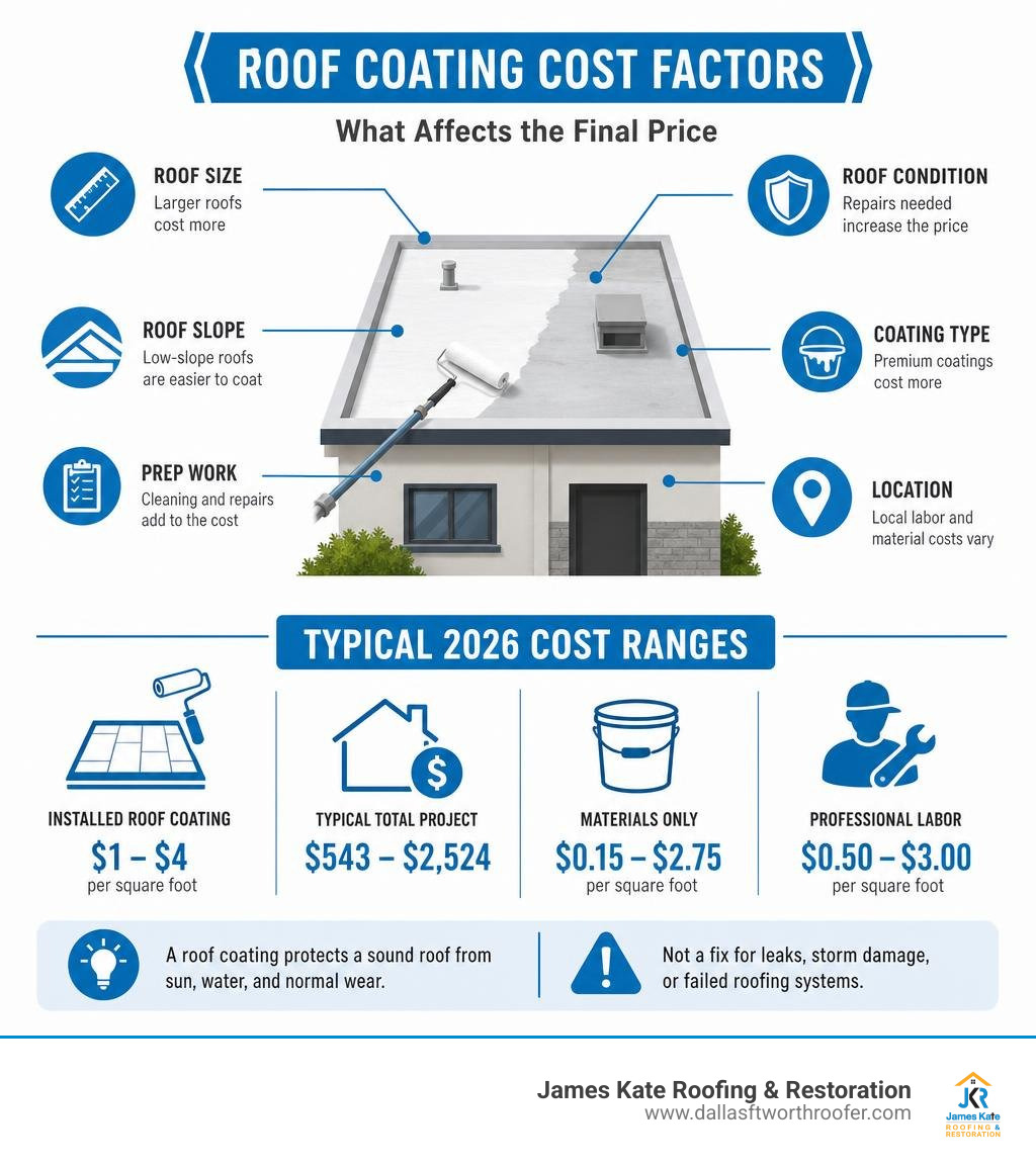 Roof coating cost factors and typical cost ranges infographic Roof coating cost factors and typical cost ranges infographic