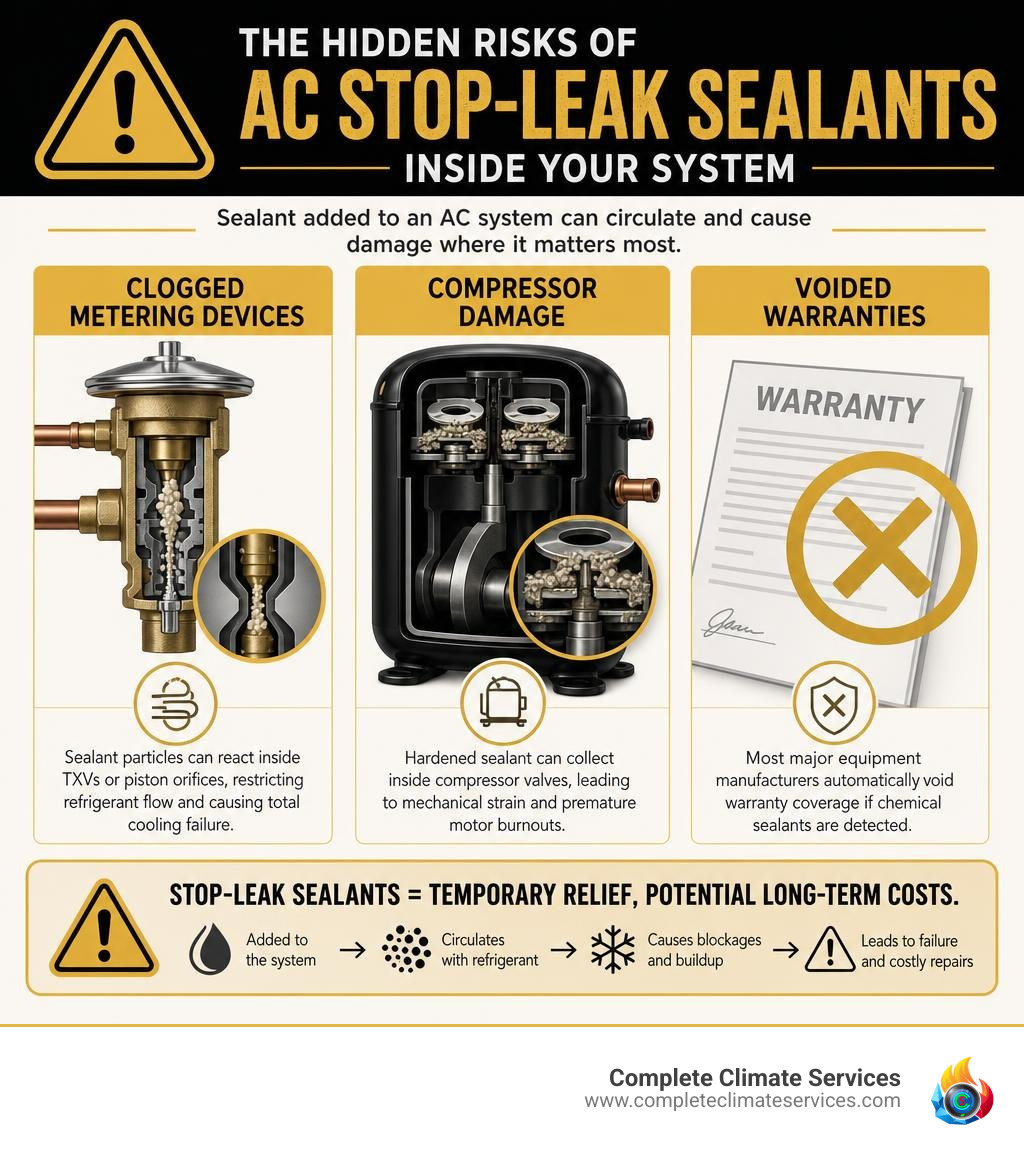 Infographic detailing the internal risks of AC stop-leak sealants on compressor valves and metering devices infographic