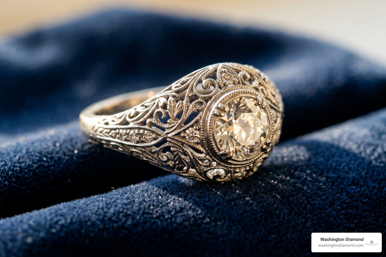 Restored heirloom diamond ring showing pristine filigree craftsmanship Restored heirloom diamond ring showing pristine filigree craftsmanship