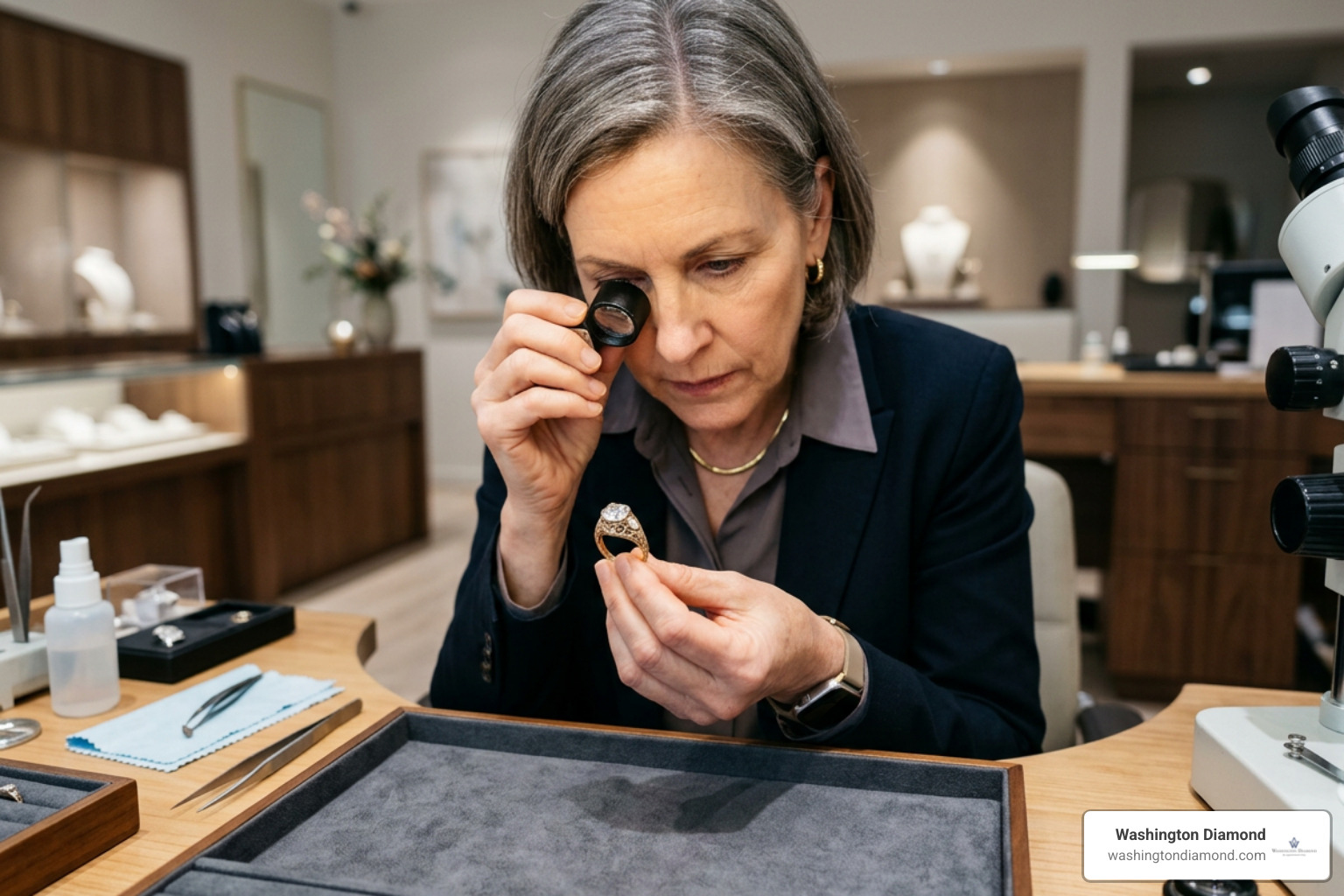 Expert gemologist evaluating vintage diamond ring under magnification Expert gemologist evaluating vintage diamond ring under magnification