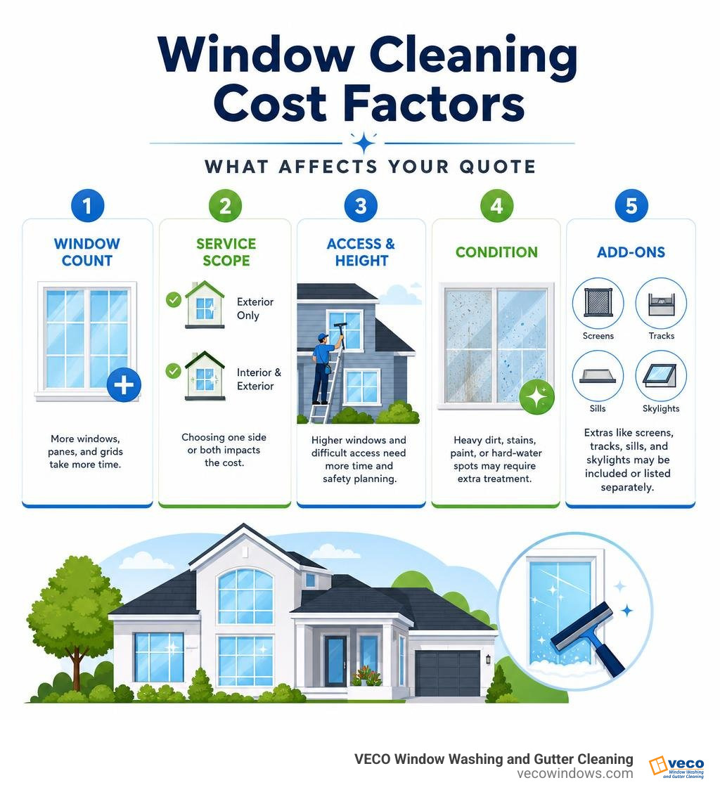 Window cleaning cost factors: window count, service scope, access, condition, and add-ons infographic Window cleaning cost factors: window count, service scope, access, condition, and add-ons infographic