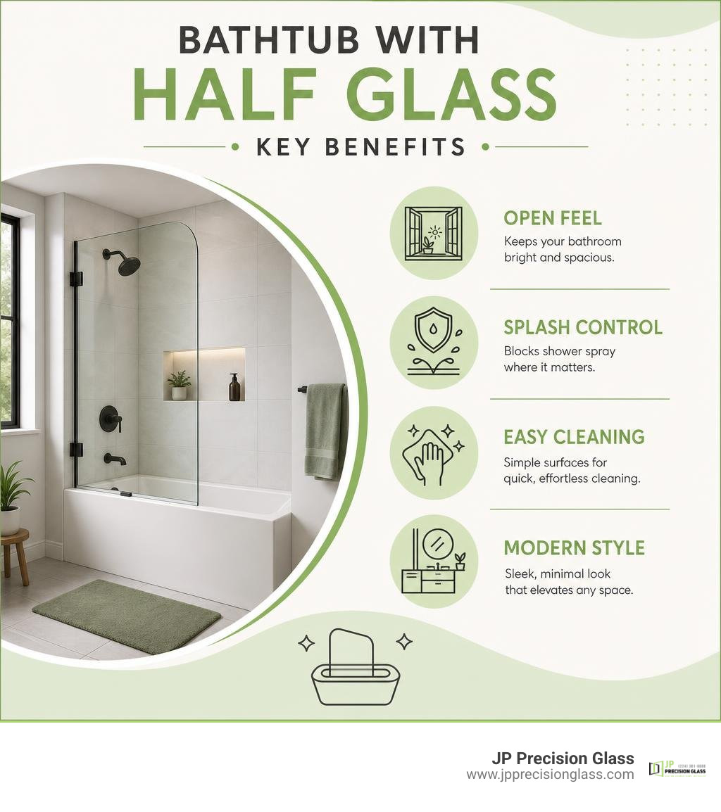 Bathtub with half glass benefits: open feel, splash control, easy cleaning, modern style infographic Bathtub with half glass benefits: open feel, splash control, easy cleaning, modern style infographic