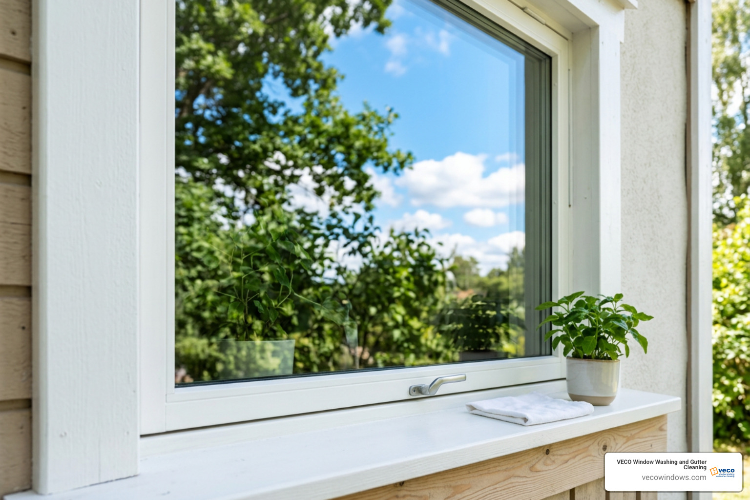 clean residential window reflecting trees with clean white wooden sill clean residential window reflecting trees with clean white wooden sill