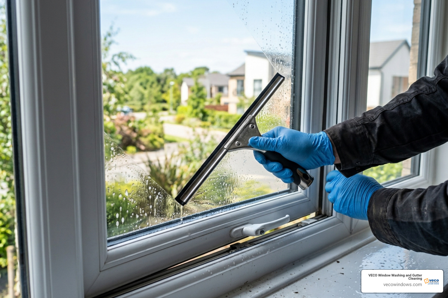 close-up of technician cleaning white window frames and detailed tracks with modern squeegee close-up of technician cleaning white window frames and detailed tracks with modern squeegee