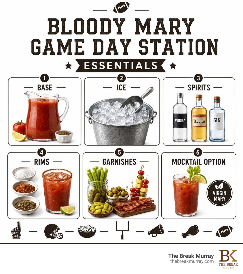 Bloody Mary game day station essentials: base, ice, spirits, rims, garnishes, mocktail option infographic