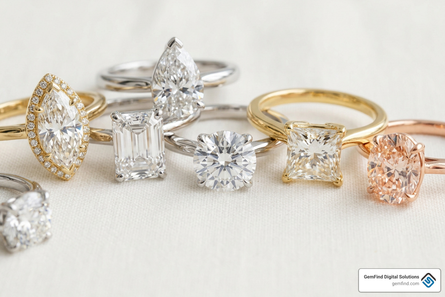 Diamond shapes mounted in various precious metal settings illustrating perceived color reflection