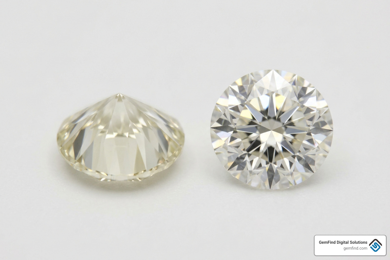 Side-by-side demonstration of diamond color appearance in table-up face-up orientation versus table-down view