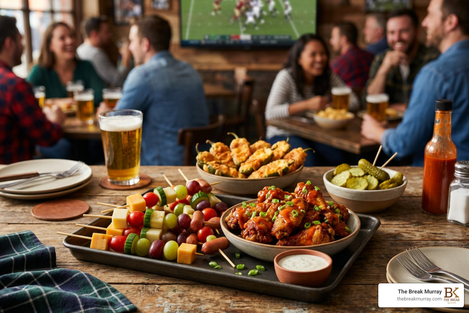loaded game day garnishes featuring snack skewers, wings, jalapeño poppers, and pickles