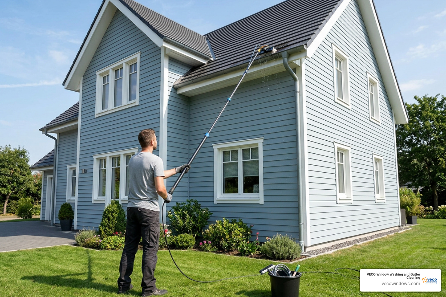 homeowner using an extendable pole to wash gutters safely from ground level