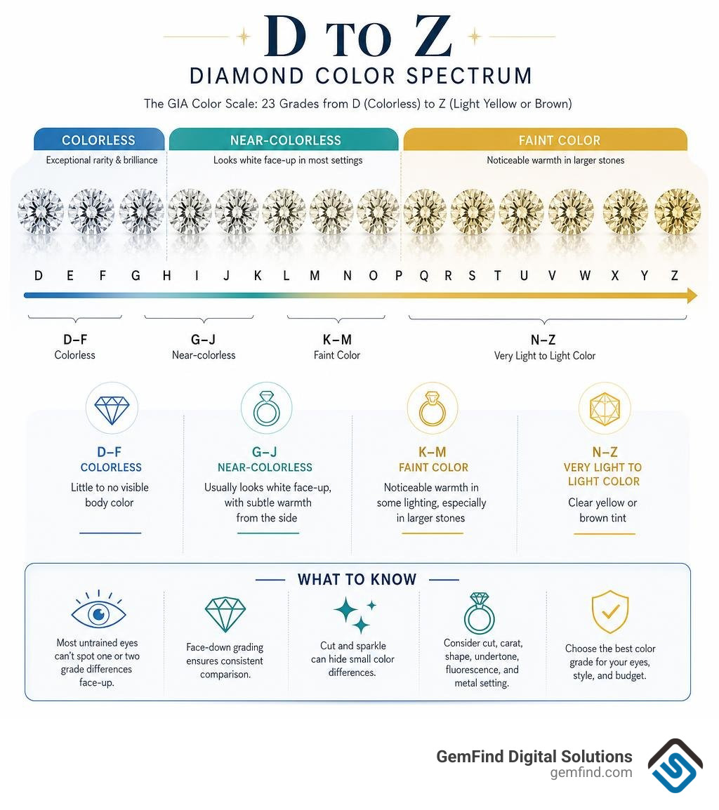 D to Z diamond color spectrum with colorless, near-colorless, and faint-color ranges infographic
