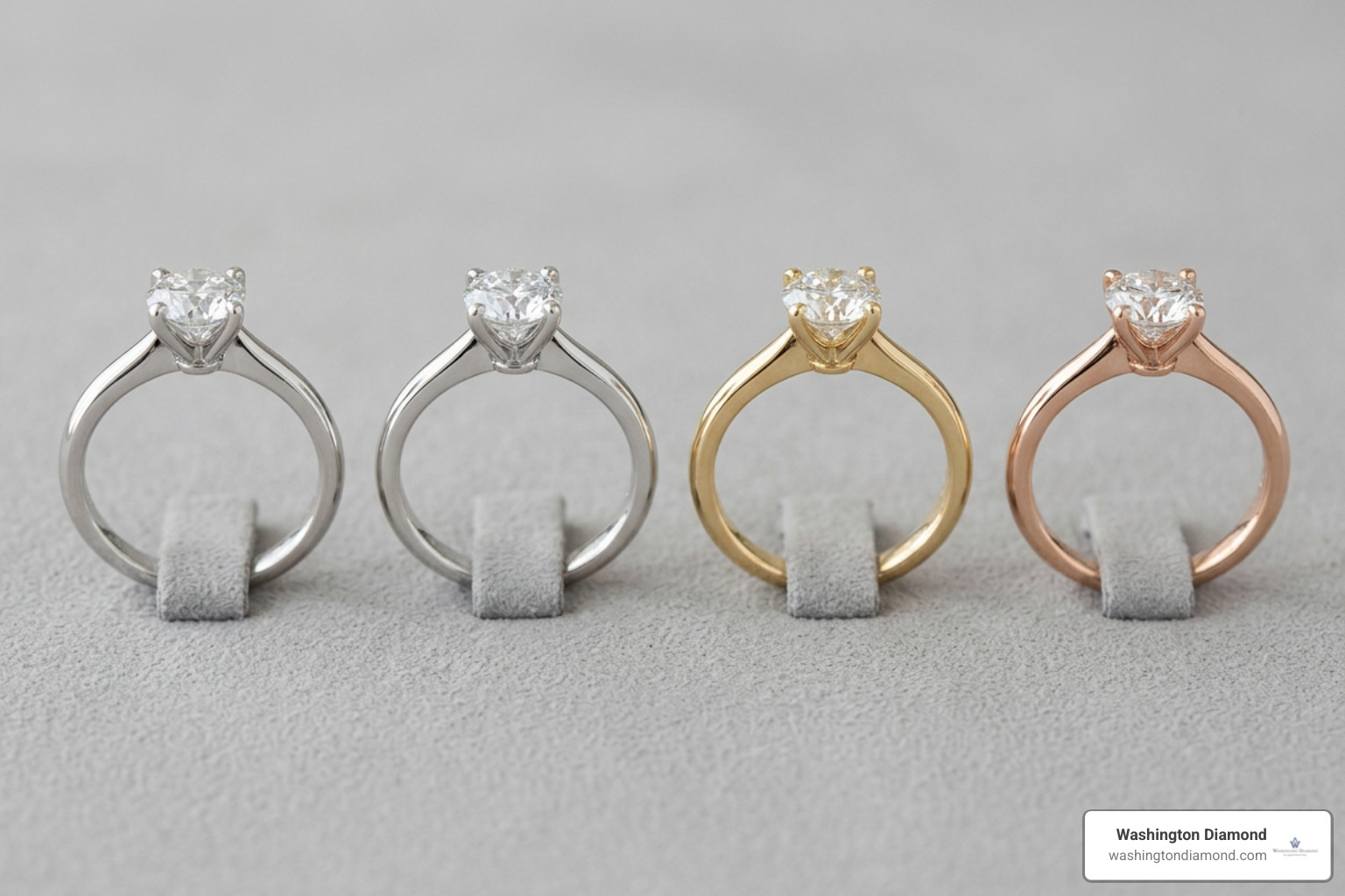 Side by side metal comparison of platinum, white gold, yellow gold, and rose gold bands