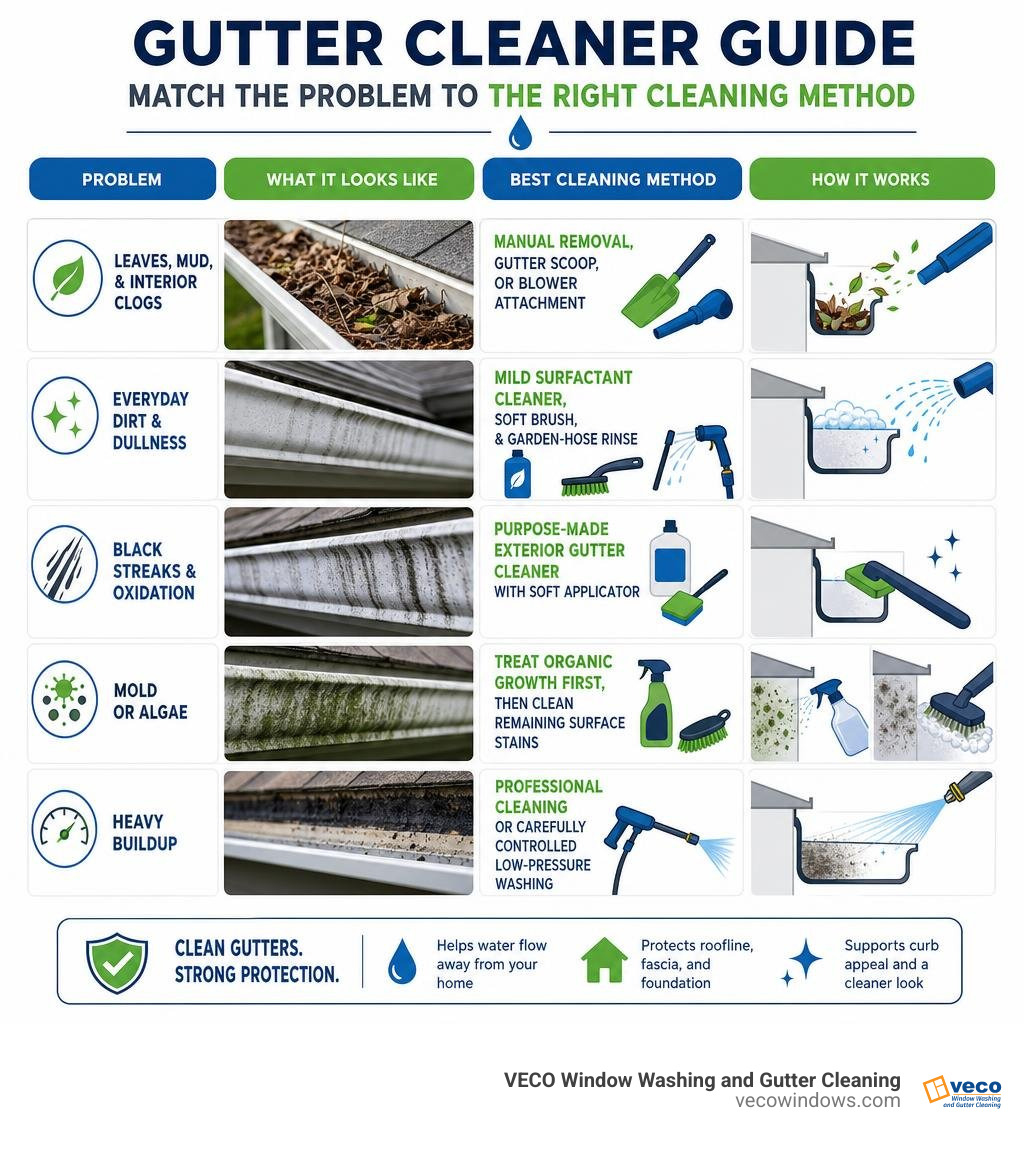 Gutter cleaner guide: match debris, dirt, black streaks, and oxidation to cleaning methods infographic