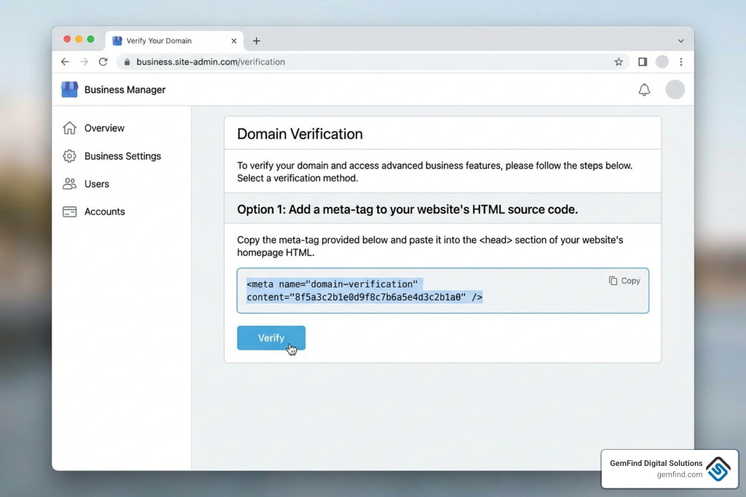 Meta domain verification meta tag setup