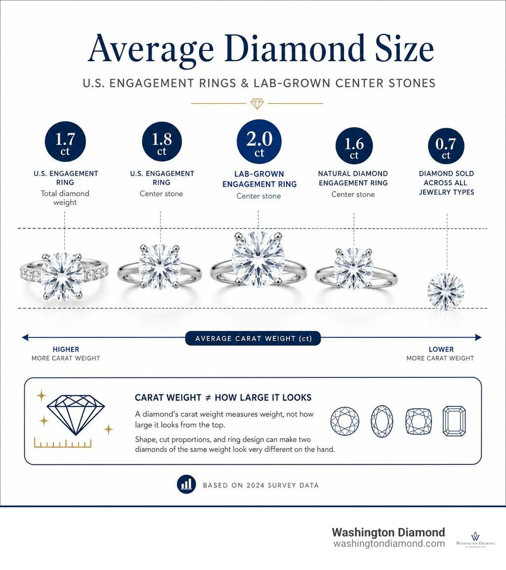Average diamond size infographic comparing US engagement rings and lab-grown center stones infographic Average diamond size infographic comparing US engagement rings and lab-grown center stones infographic