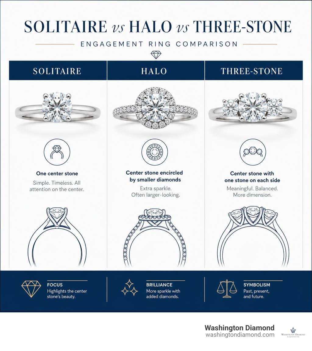 Solitaire versus halo versus three-stone engagement ring comparison infographic