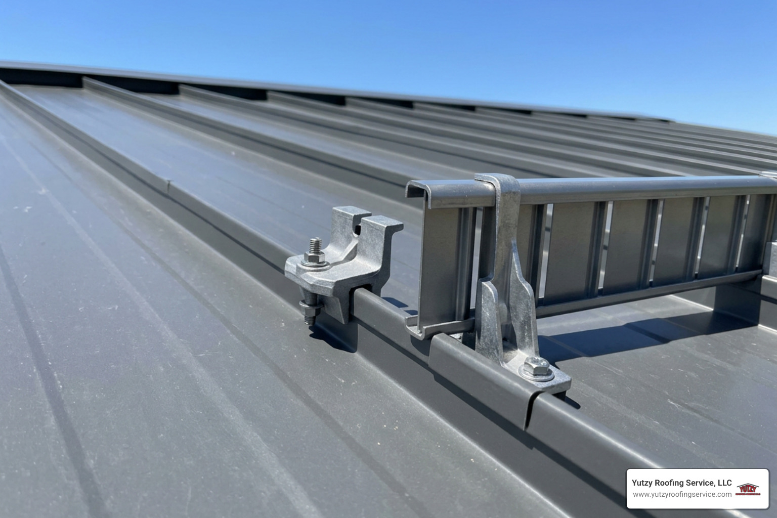 Solar panel clamp and snow guard mounting on commercial standing seam metal roof Solar panel clamp and snow guard mounting on commercial standing seam metal roof