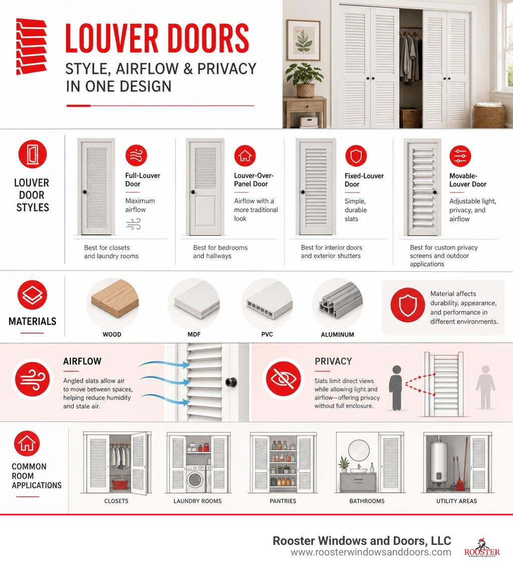 Louver door styles, materials, airflow, privacy, and common room applications infographic Louver door styles, materials, airflow, privacy, and common room applications infographic