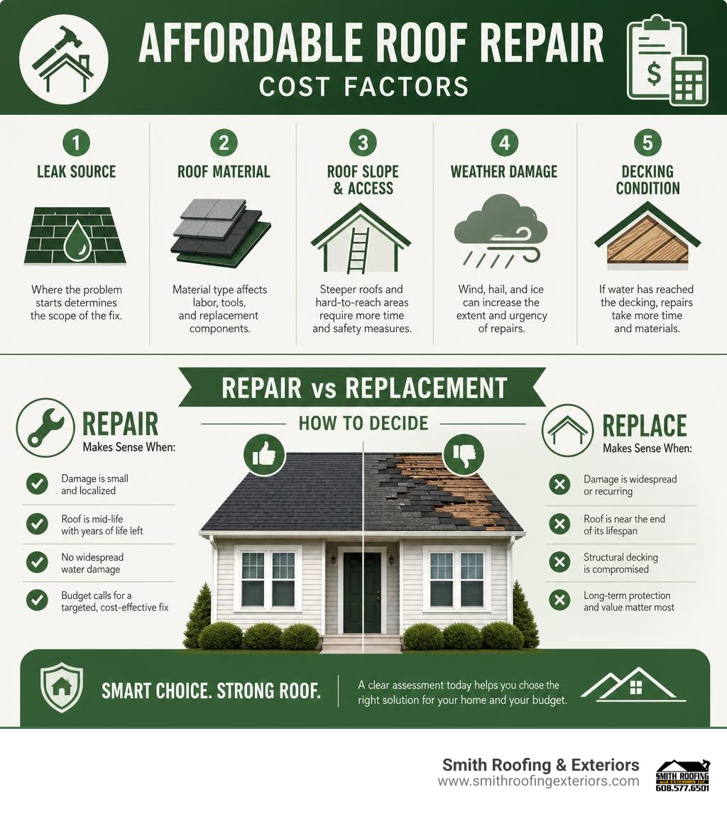 Affordable roof repair cost factors and repair versus replacement guide infographic Affordable roof repair cost factors and repair versus replacement guide infographic