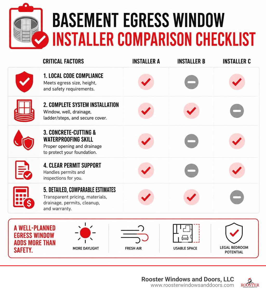 Basement egress window installer comparison checklist infographic Basement egress window installer comparison checklist infographic