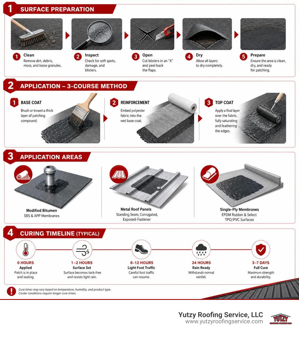 Step-by-step surface prep, application, 3-course method, and curing timeline infographic Step-by-step surface prep, application, 3-course method, and curing timeline infographic