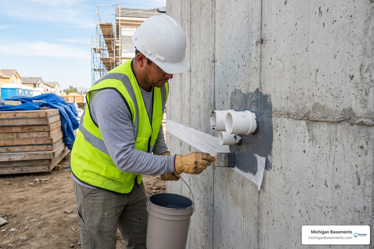 worker sealing concrete foundation cold joints and pipe penetrations