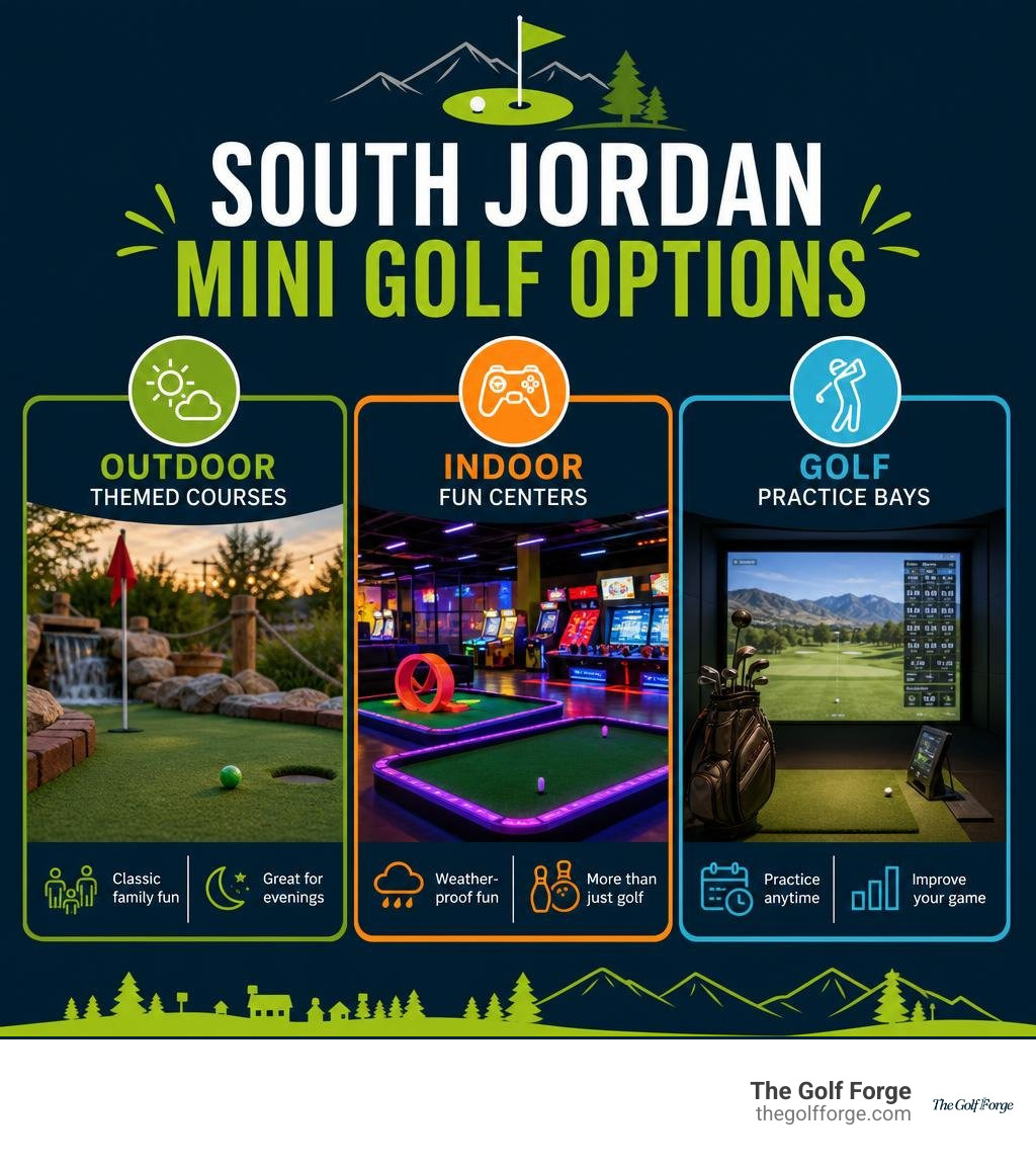 South Jordan mini golf options: outdoor themed courses, indoor fun centers, and golf practice bays infographic South Jordan mini golf options: outdoor themed courses, indoor fun centers, and golf practice bays infographic