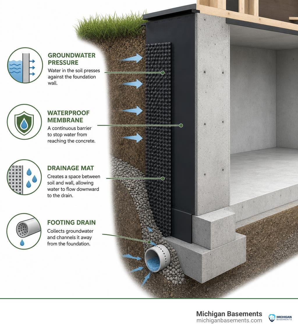 Infographic showing groundwater pressure, waterproof membrane, drainage mat, and footing drain infographic