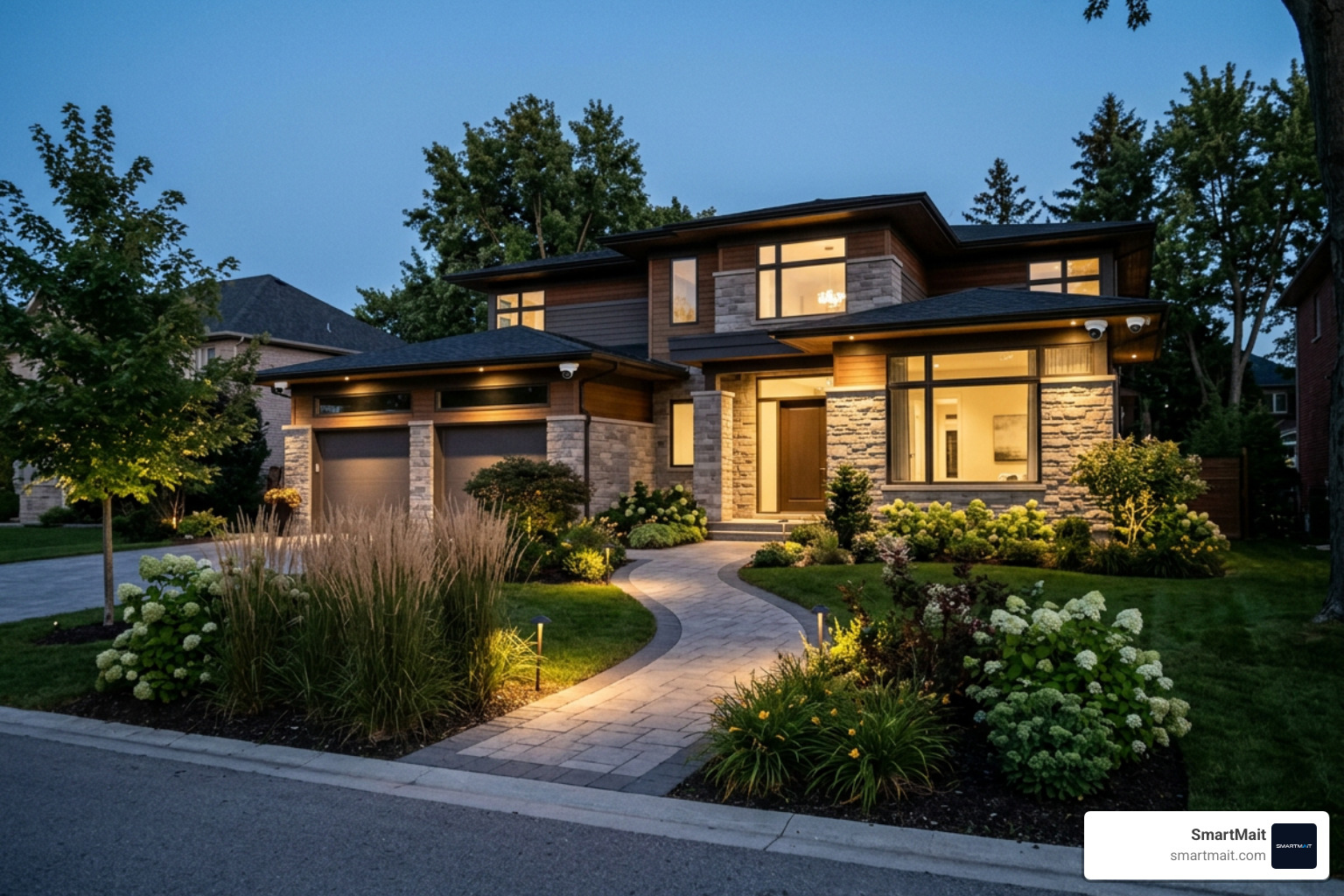 Luxury modern residence with integrated security and landscape lighting