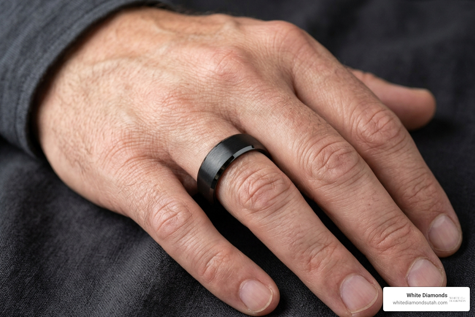 Inspecting high quality men's ring craftsmanship and inner laser engraving