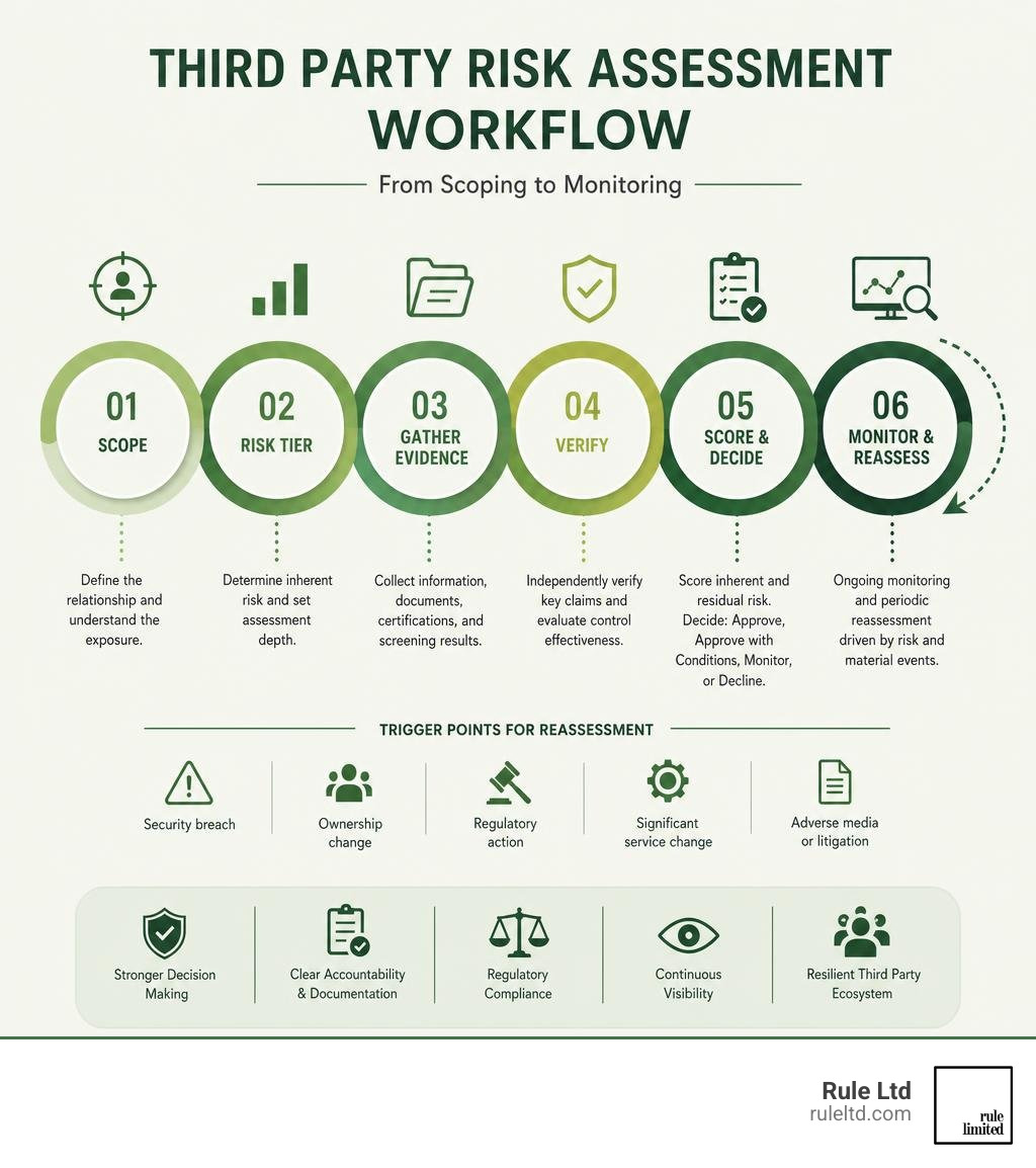 Third party risk assessment workflow from scoping to monitoring infographic Third party risk assessment workflow from scoping to monitoring infographic