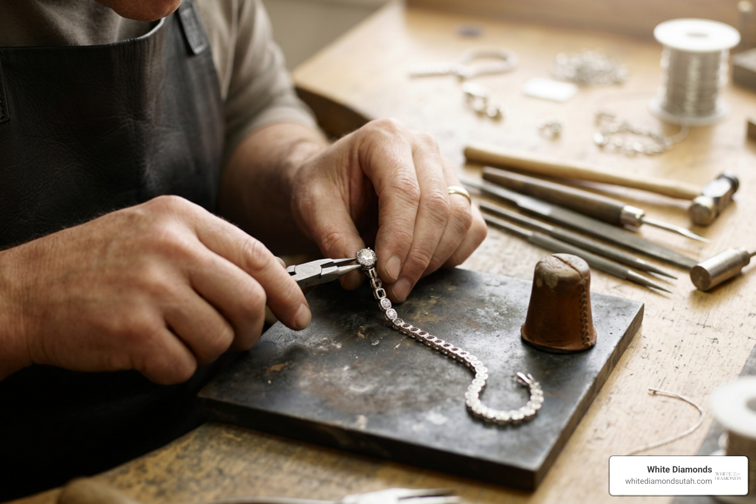 Jeweler setting half-carat diamonds into custom white gold links Jeweler setting half-carat diamonds into custom white gold links