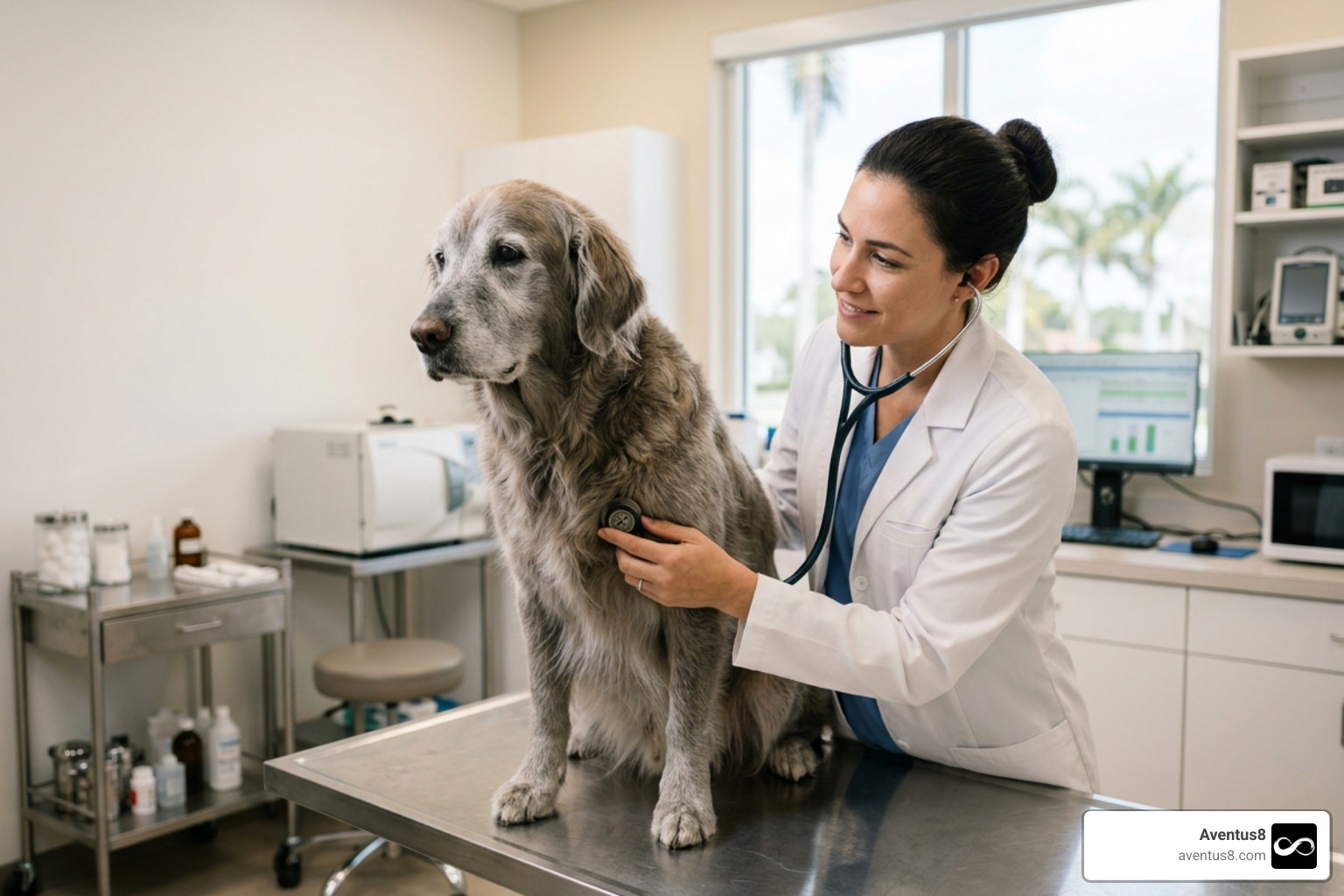 Veterinarian examining a senior dog in Hollywood, FL