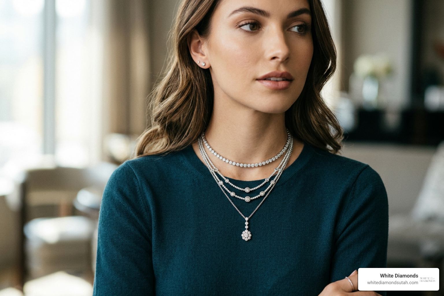 Styled model wearing a layered diamond necklace combination Styled model wearing a layered diamond necklace combination