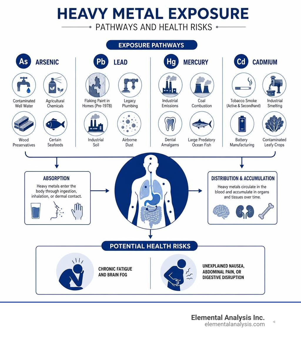 Infographic explaining heavy metal exposure pathways and human health risks infographic Infographic explaining heavy metal exposure pathways and human health risks infographic