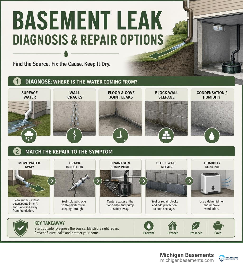 Basement leak diagnosis and repair options infographic
