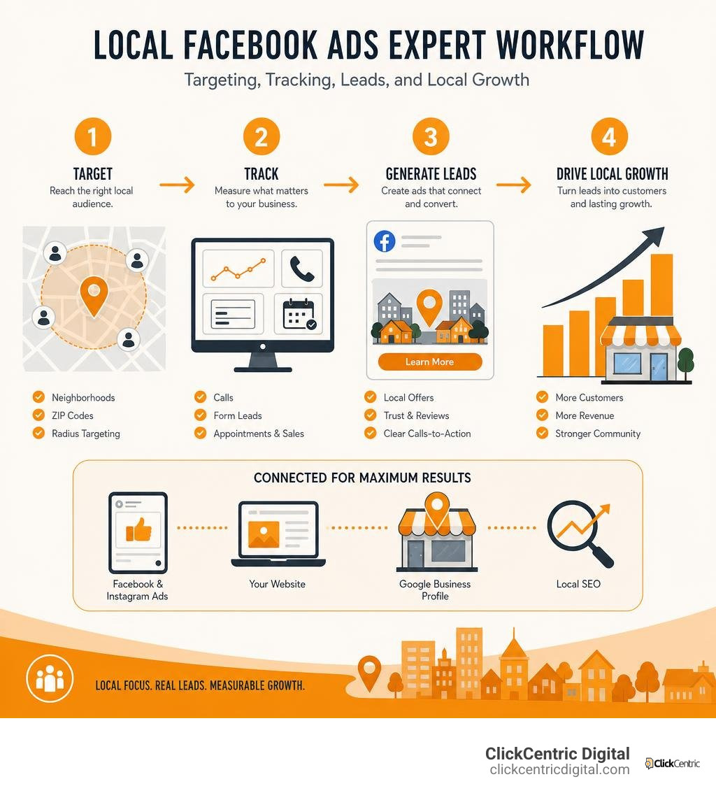 Local Facebook ads expert workflow: targeting, tracking, leads, and local growth infographic