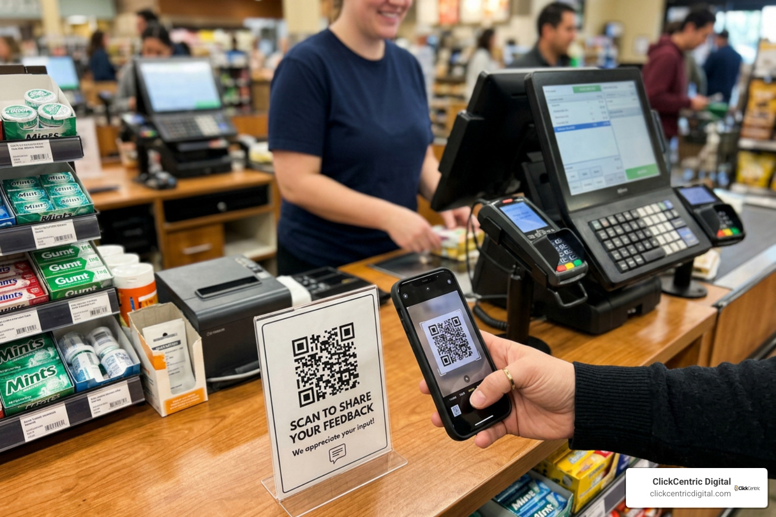 printed checkout counter display with review QR code