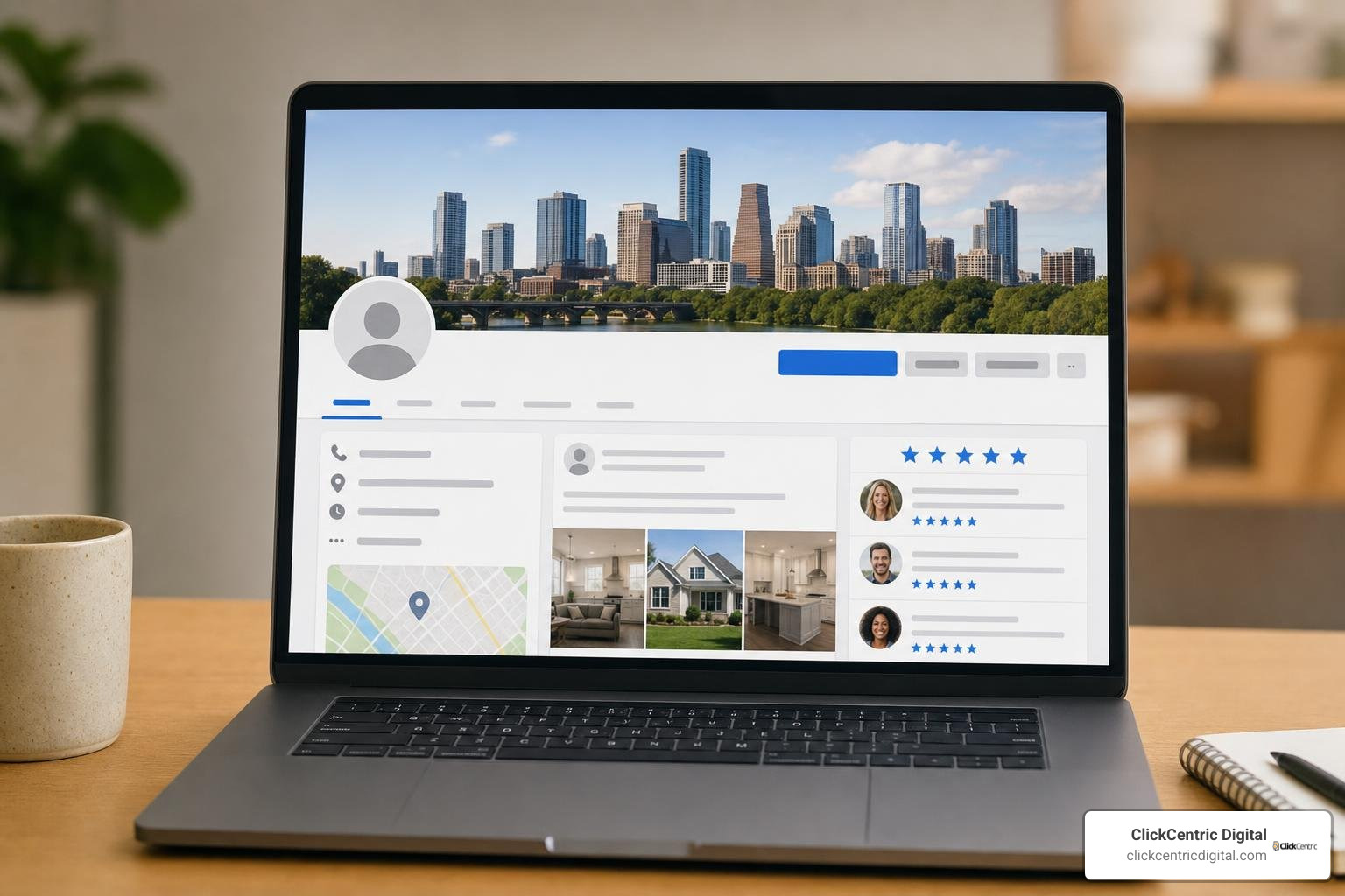 An optimized Facebook Business Page setup featuring localized cover graphics, exact contact details, and verified review