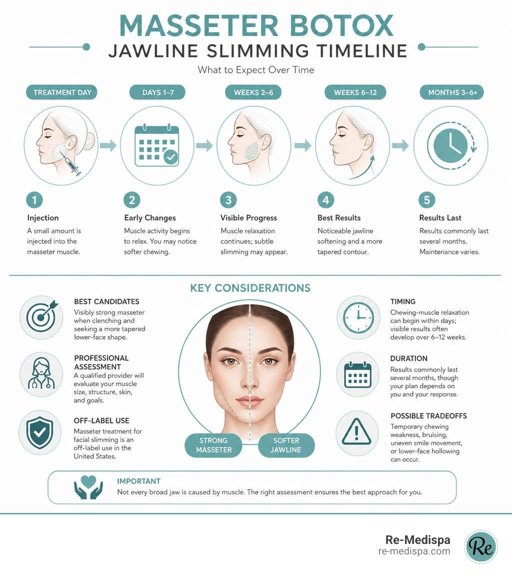Masseter Botox jawline slimming timeline and key considerations infographic Masseter Botox jawline slimming timeline and key considerations infographic