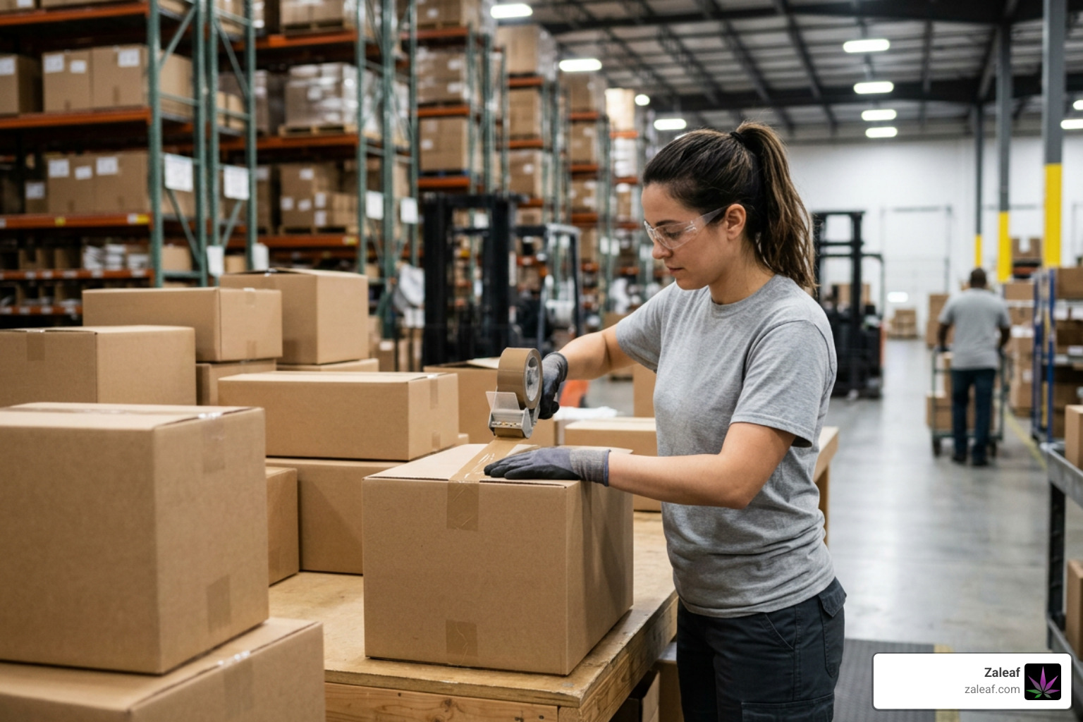 fulfillment warehouse worker sealing plain cardboard box with unbranded tape