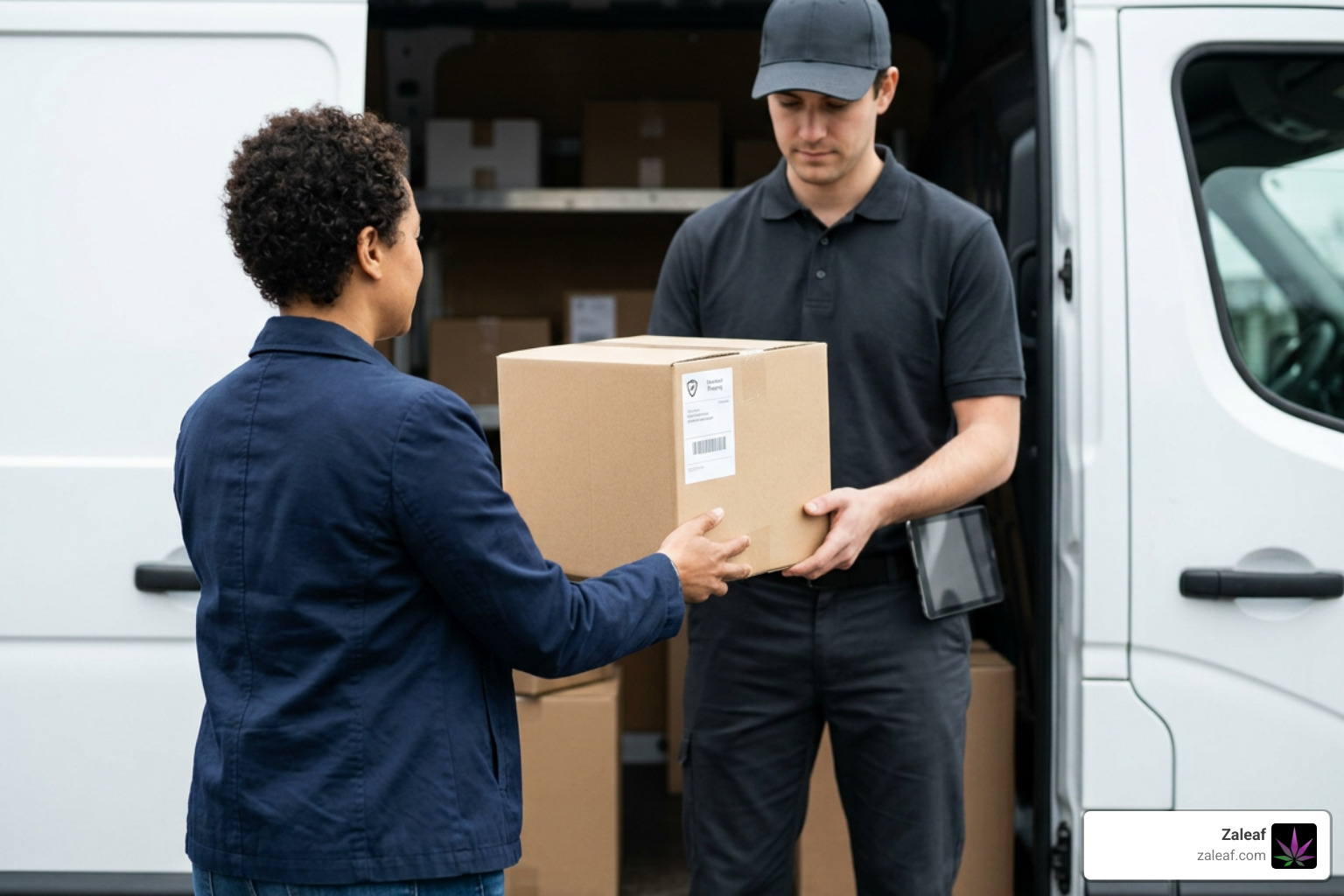 postal carrier putting plain brown package in mail delivery box
