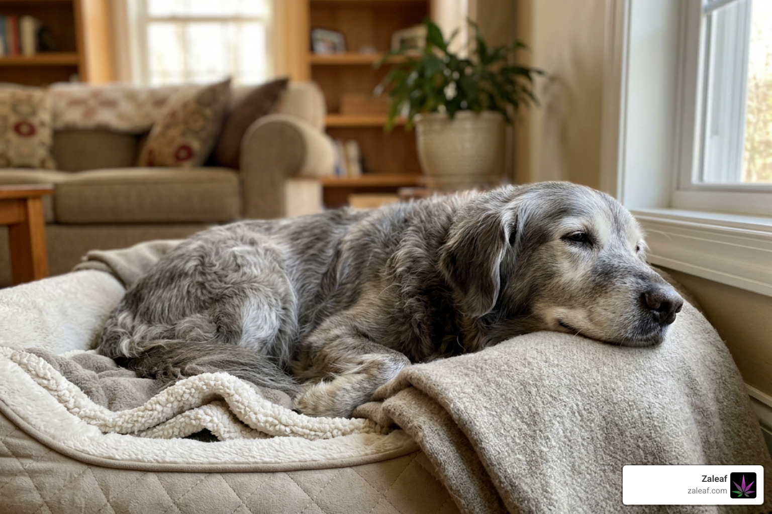 Senior dog resting peacefully on bed Senior dog resting peacefully on bed