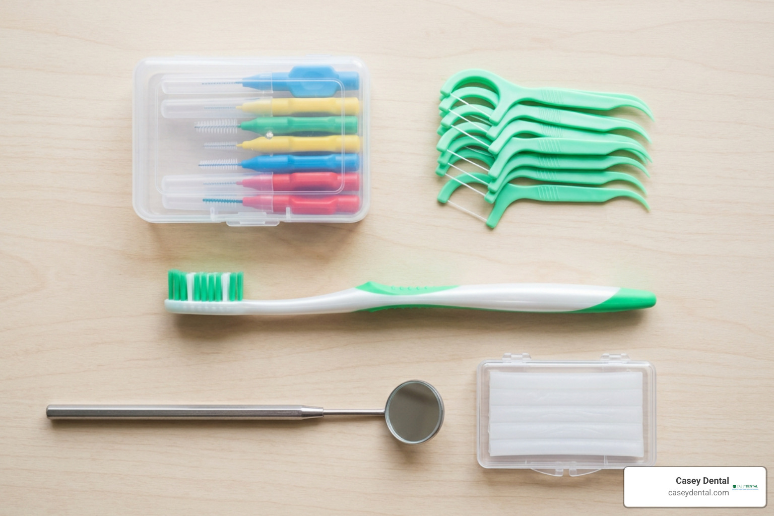 essential tools for braces care including interdental brushes, flossers, and wax